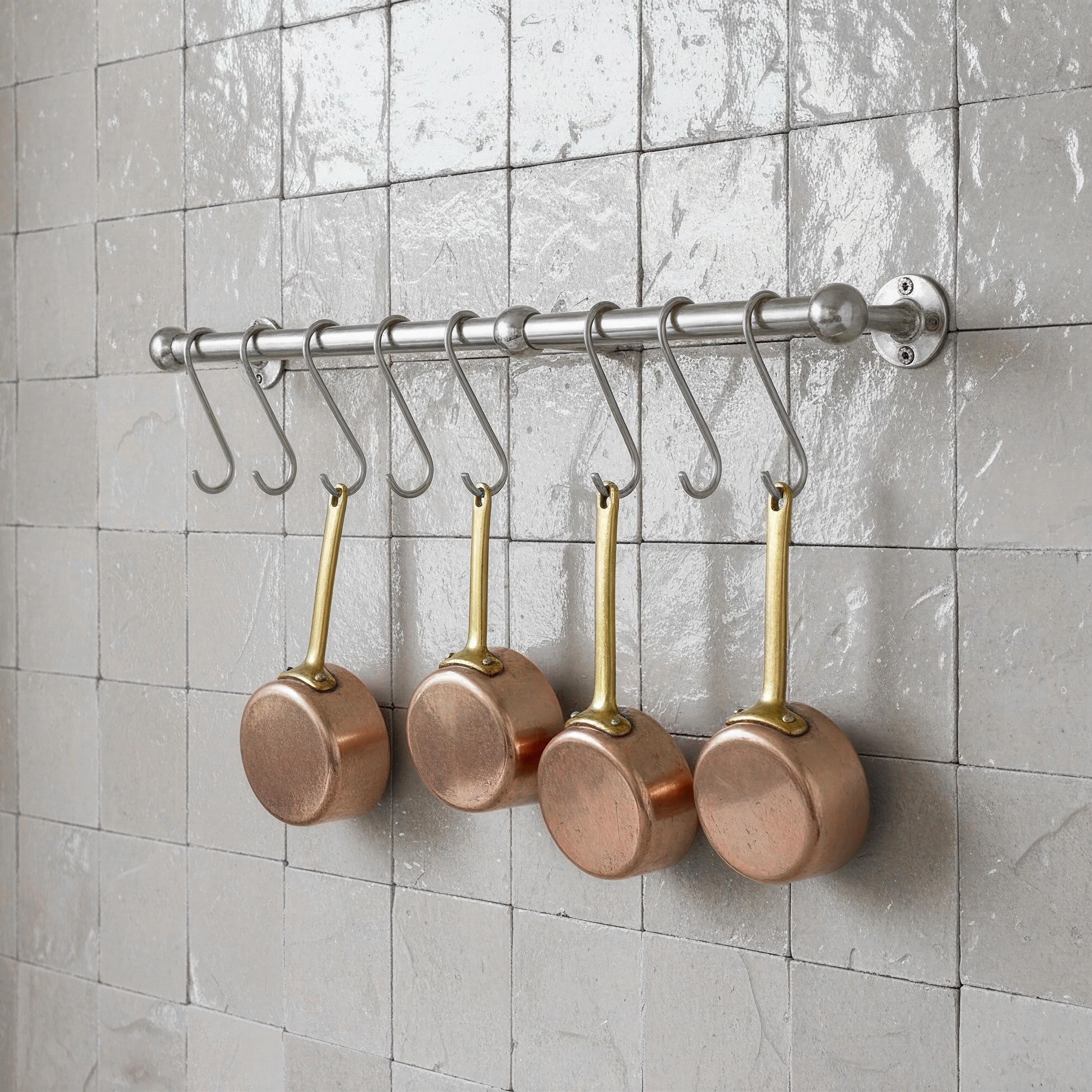 Polished Nickel Pot Rack with Hooks - Handmade Pot Rail, Spoon, and Pan Holder