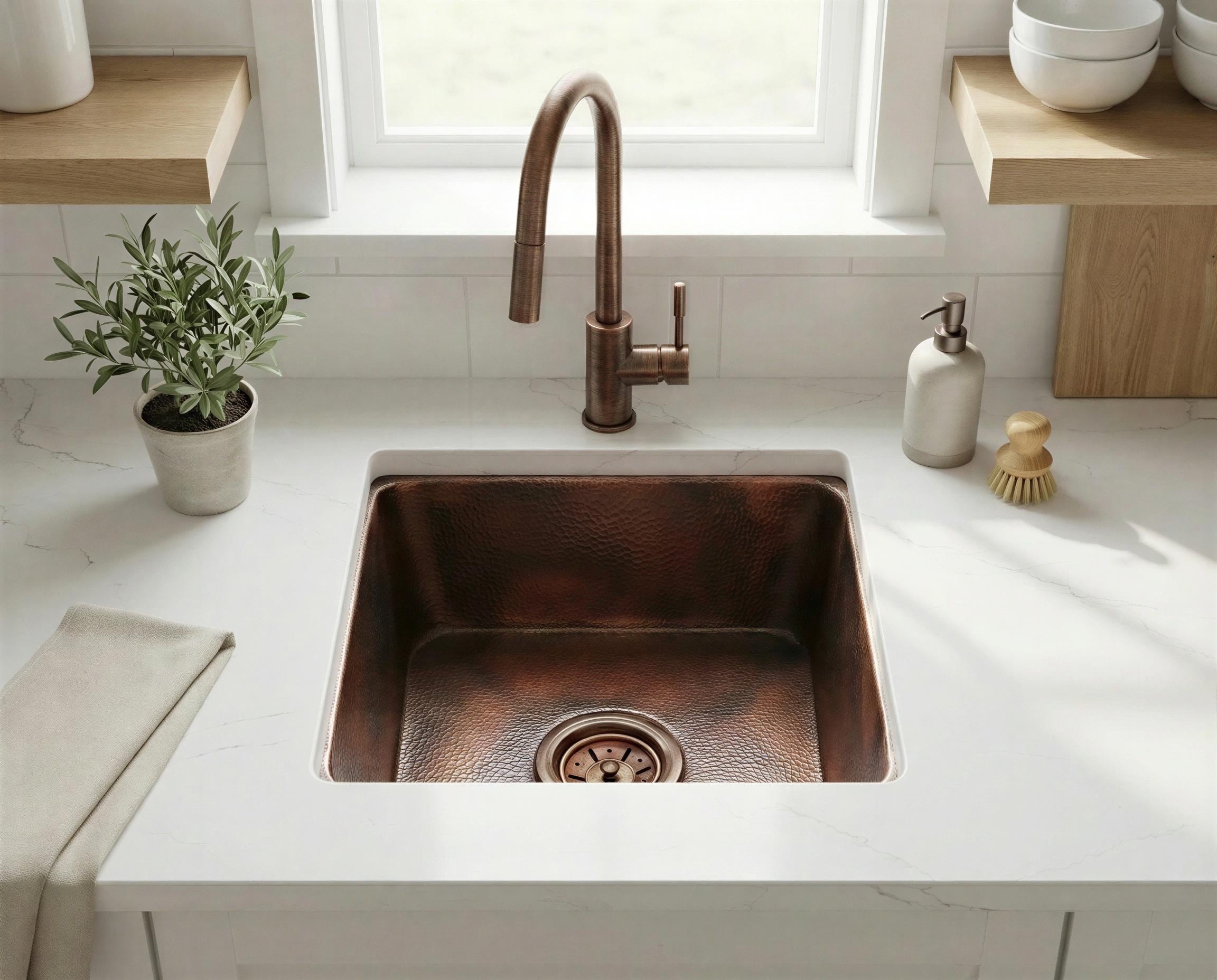 Undermount Copper Bar Sink, Drop-in Square Hammered Basin, Aged Copper Kitchen Prep Sink