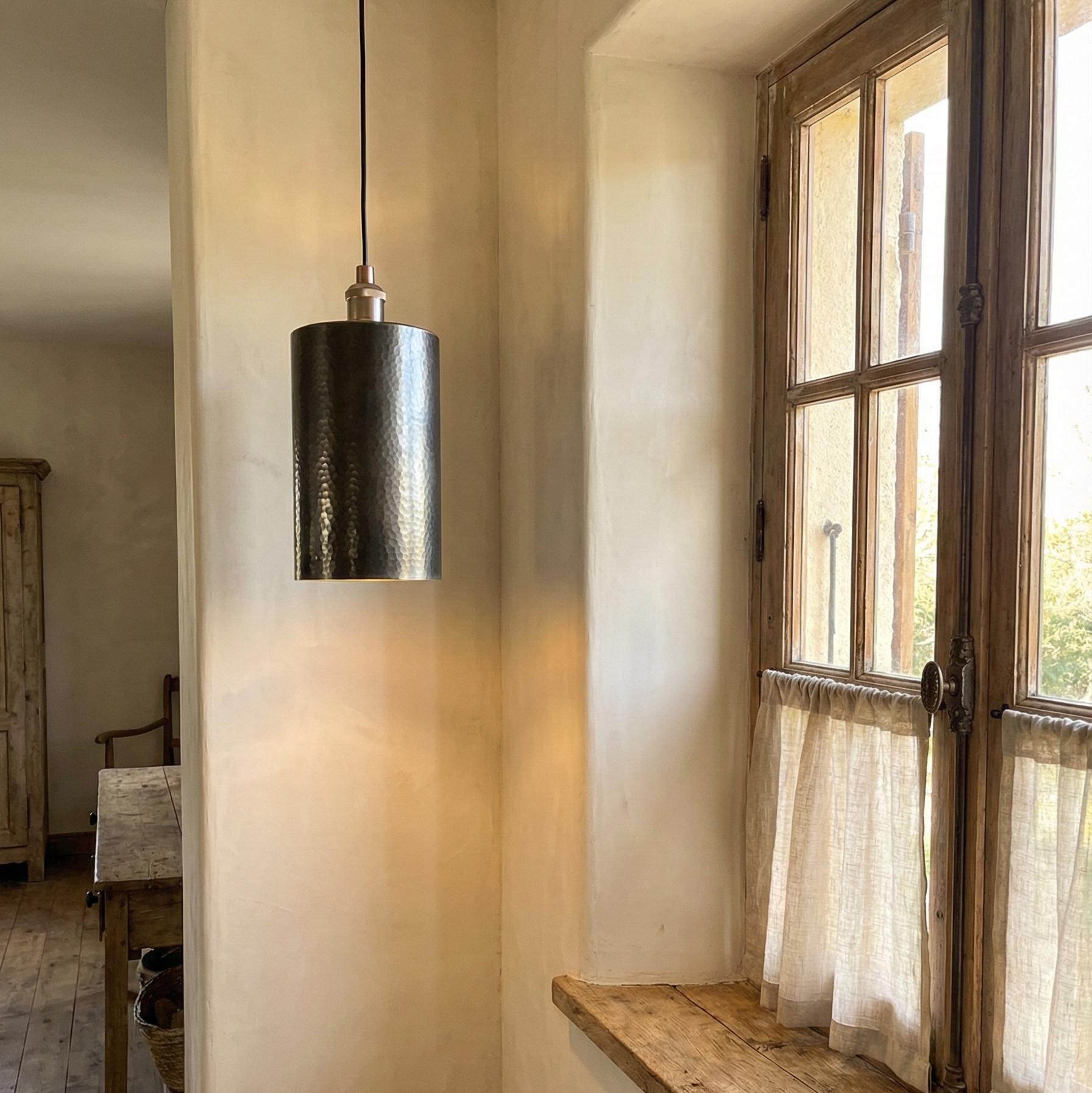 Handcrafted Brass Tube Light, Tall Hammered Pendant for Dining Room, Solid Brass Minimalist Cylinder Downlight