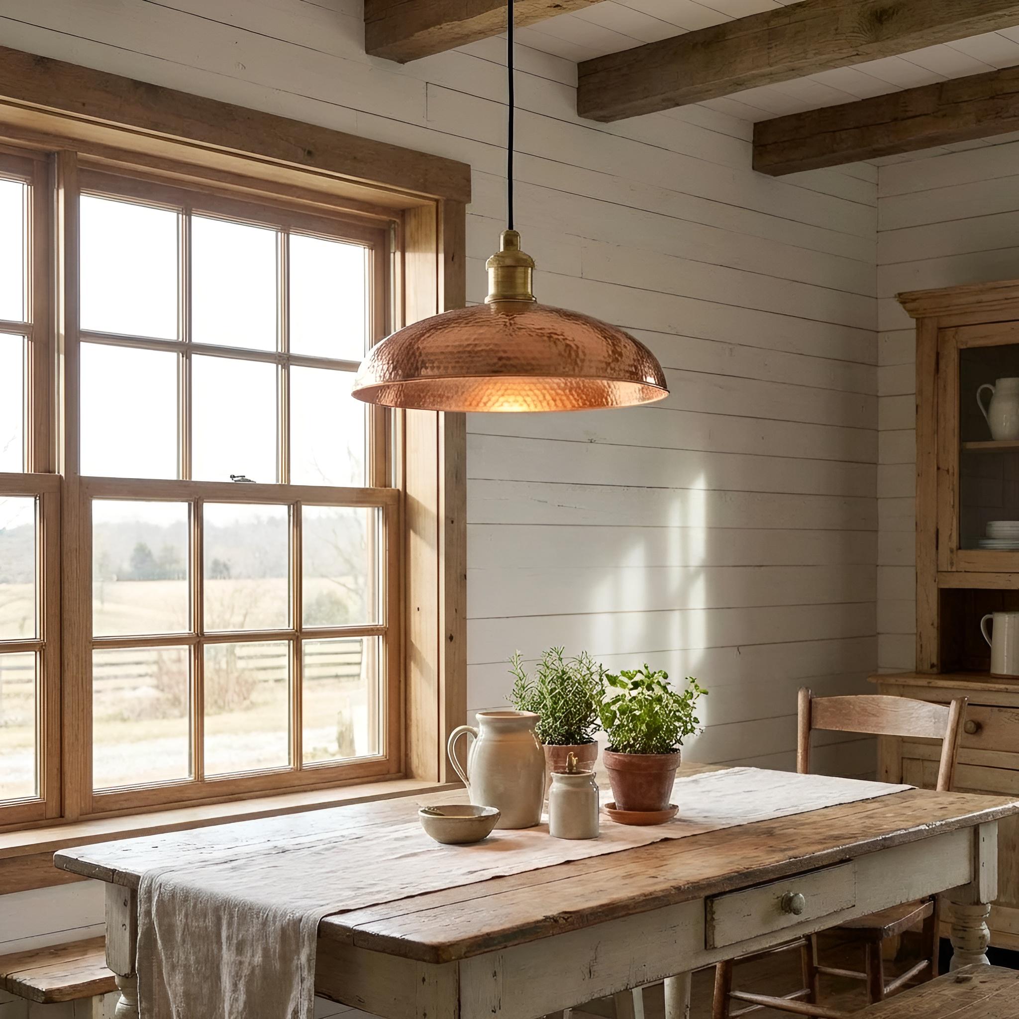 Set of 2 Hammered Copper Barn Lights, Shallow Dome Pendants, Warehouse Shades