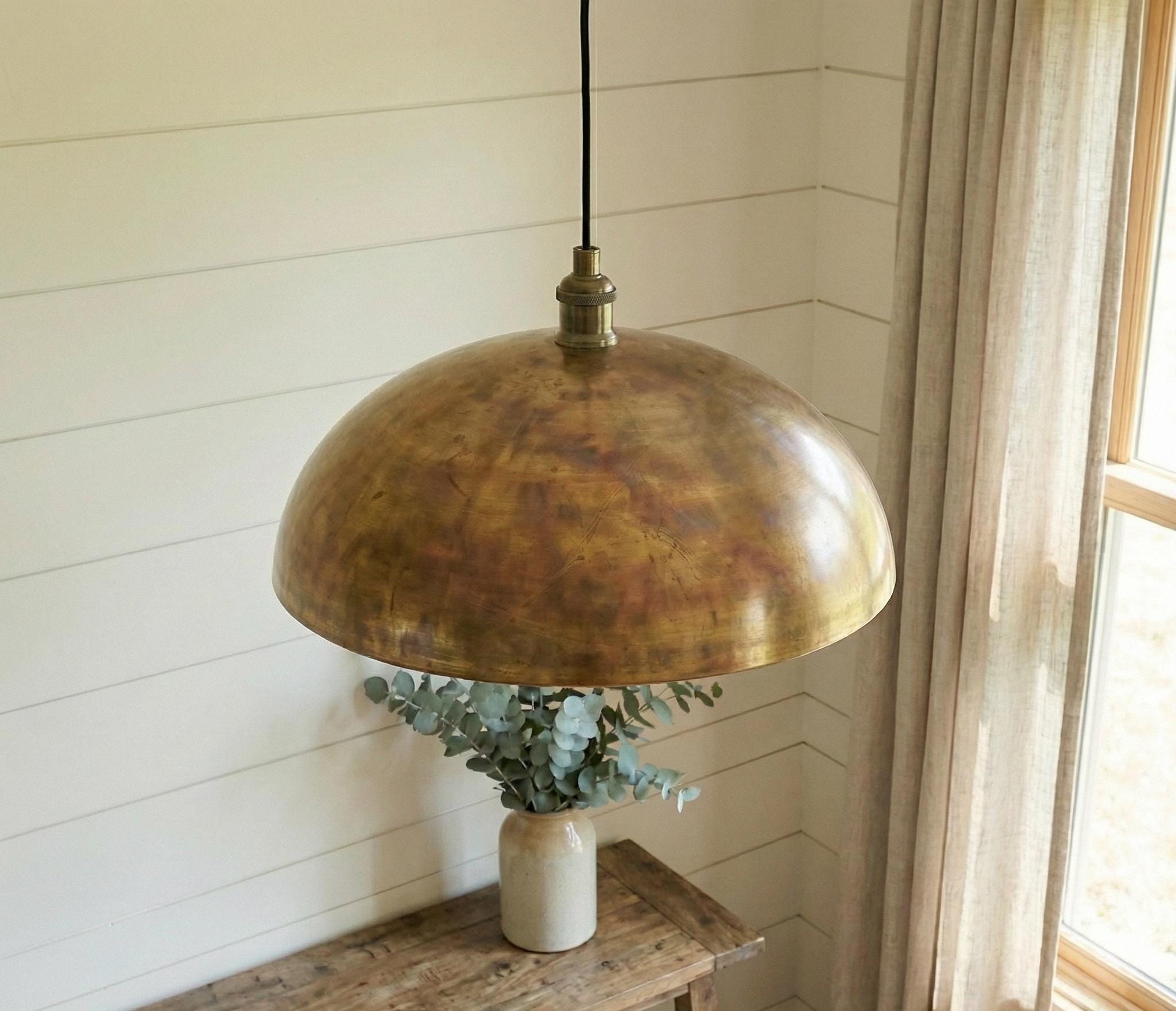 Aged Brass Dome Pendant, Smooth Vintage Gold Light, Modern Farmhouse Kitchen Lamp, Antique Patina Ceiling Fixture