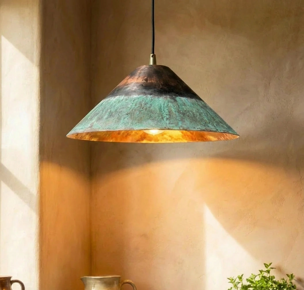 Oxidized Copper Cone Light, Green Patina Hanging Lamp, Rustic Copper Island Kitchen Ceiling Light
