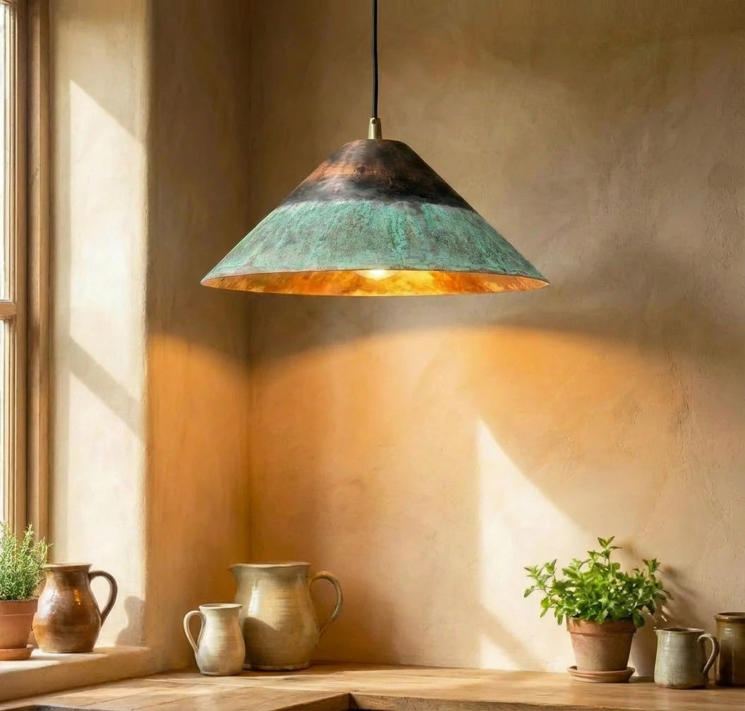 Oxidized Copper Cone Light, Green Patina Hanging Lamp, Rustic Copper Island Kitchen Ceiling Light