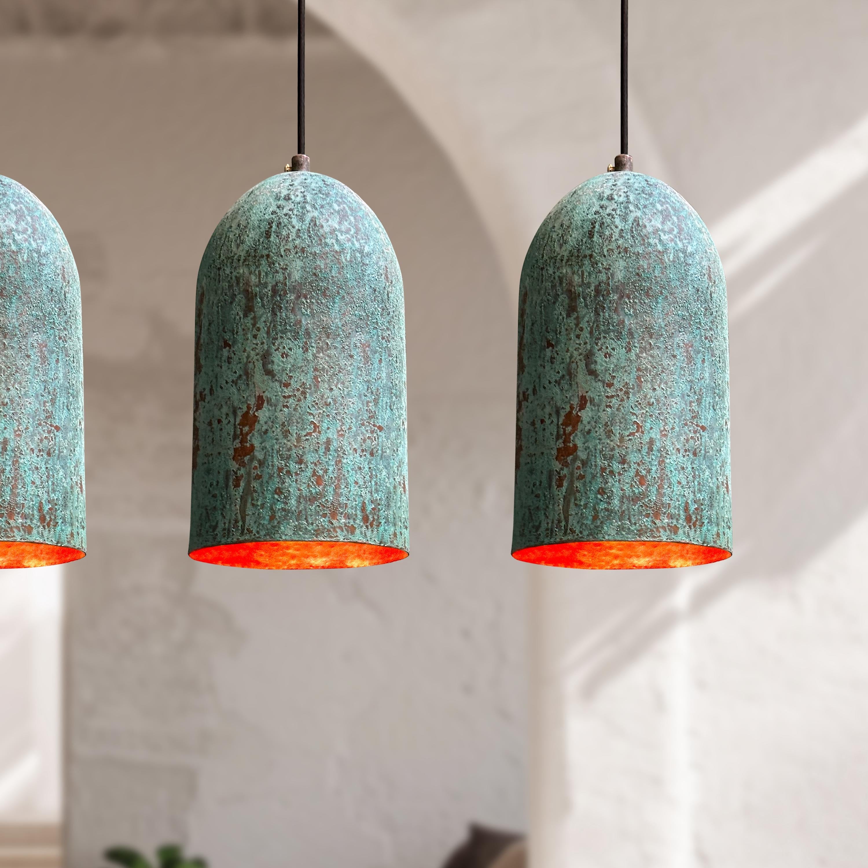 3 Handmade Oxidized Copper Pendant Lights – Green Patina Farmhouse Verdigris Ceiling Fixtures