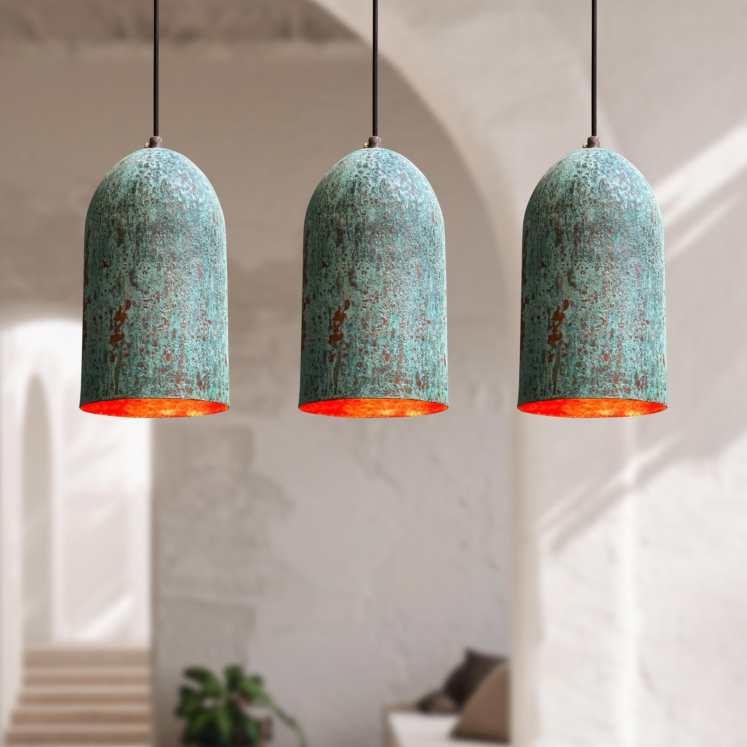 3 Handmade Oxidized Copper Pendant Lights – Green Patina Farmhouse Verdigris Ceiling Fixtures