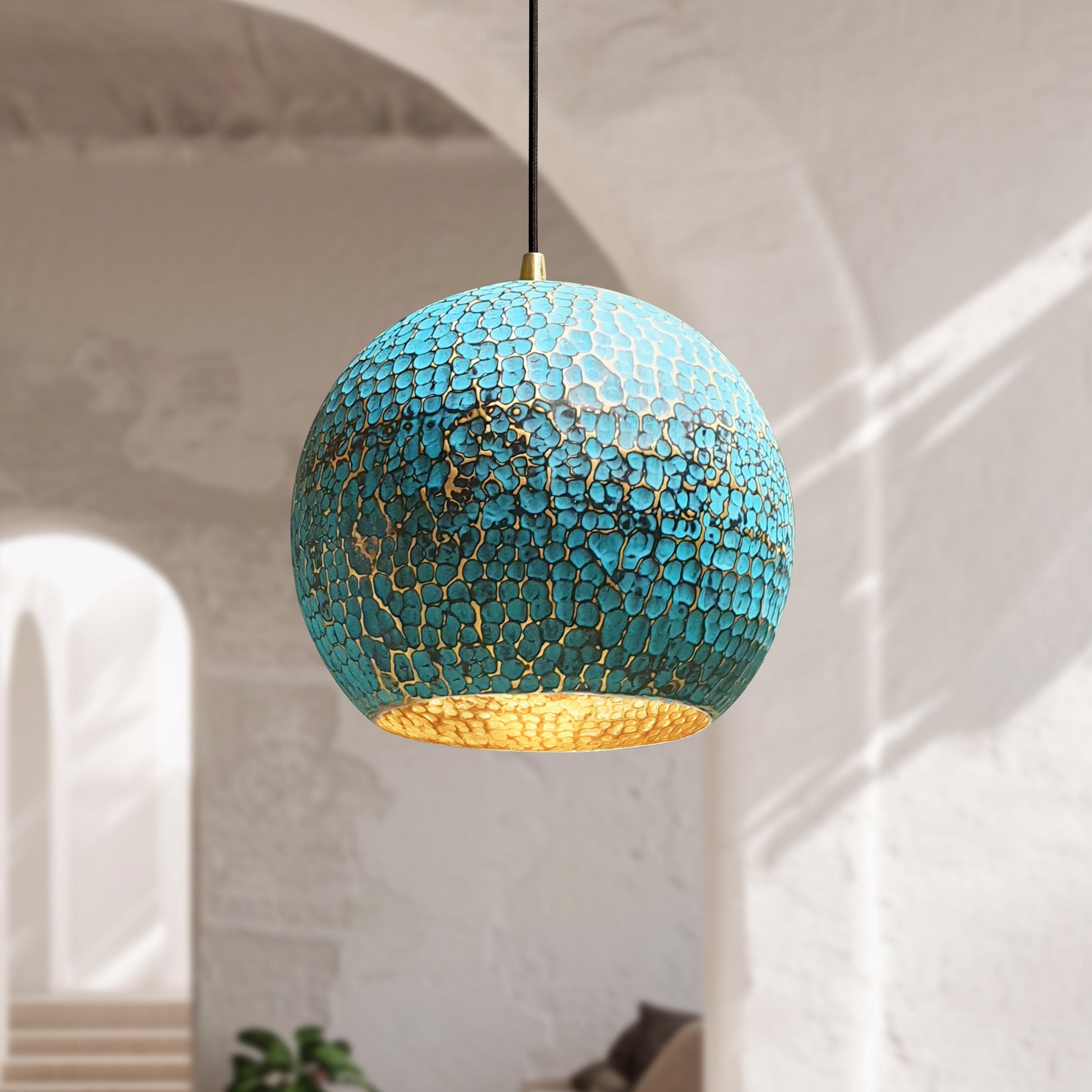 Patina Brass Pendant Light – Oxidized Dome Ceiling Fixture for Kitchen Island