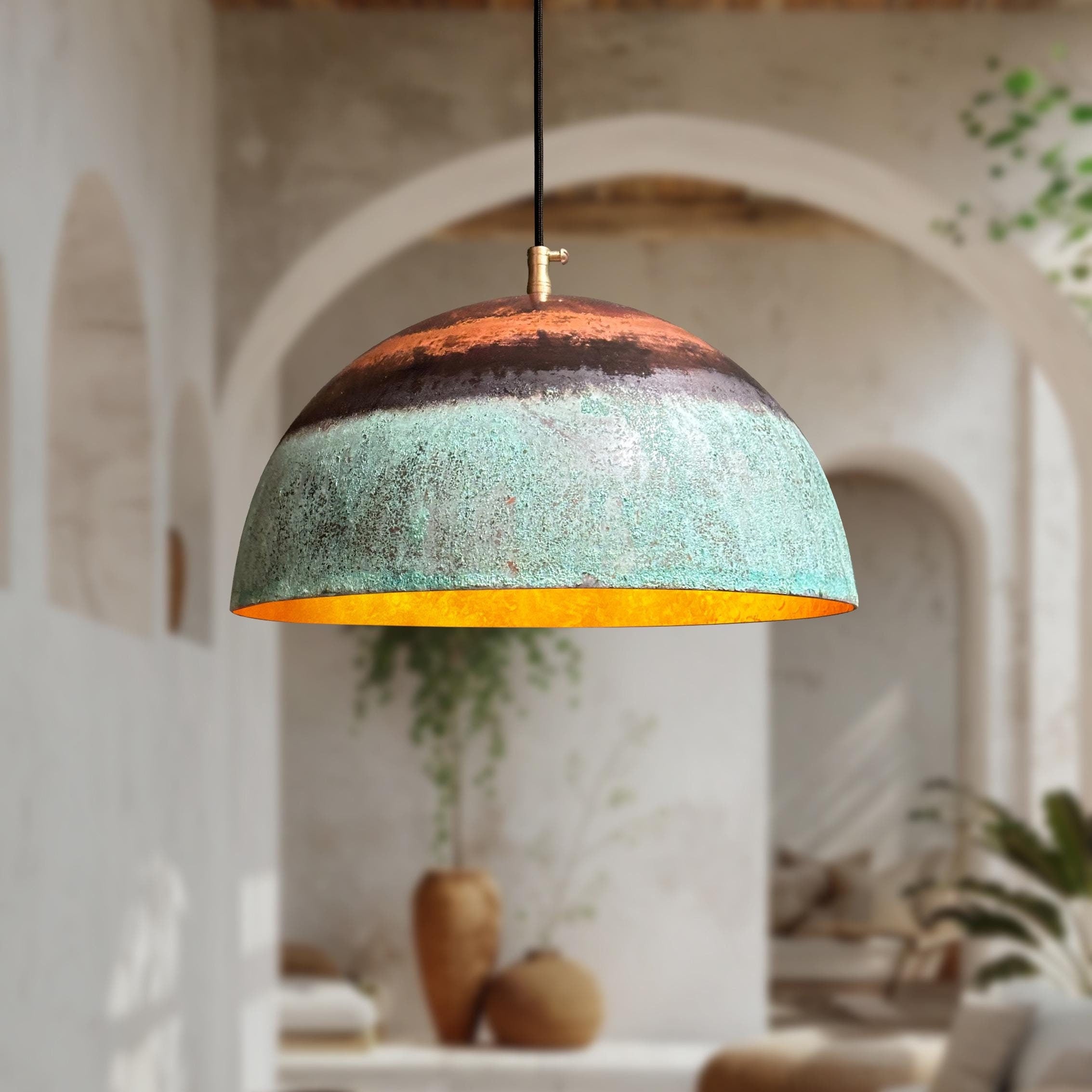 Green Patina Copper Pendant Light – Oxidized Round Rustic Farmhouse Kitchen Fixture
