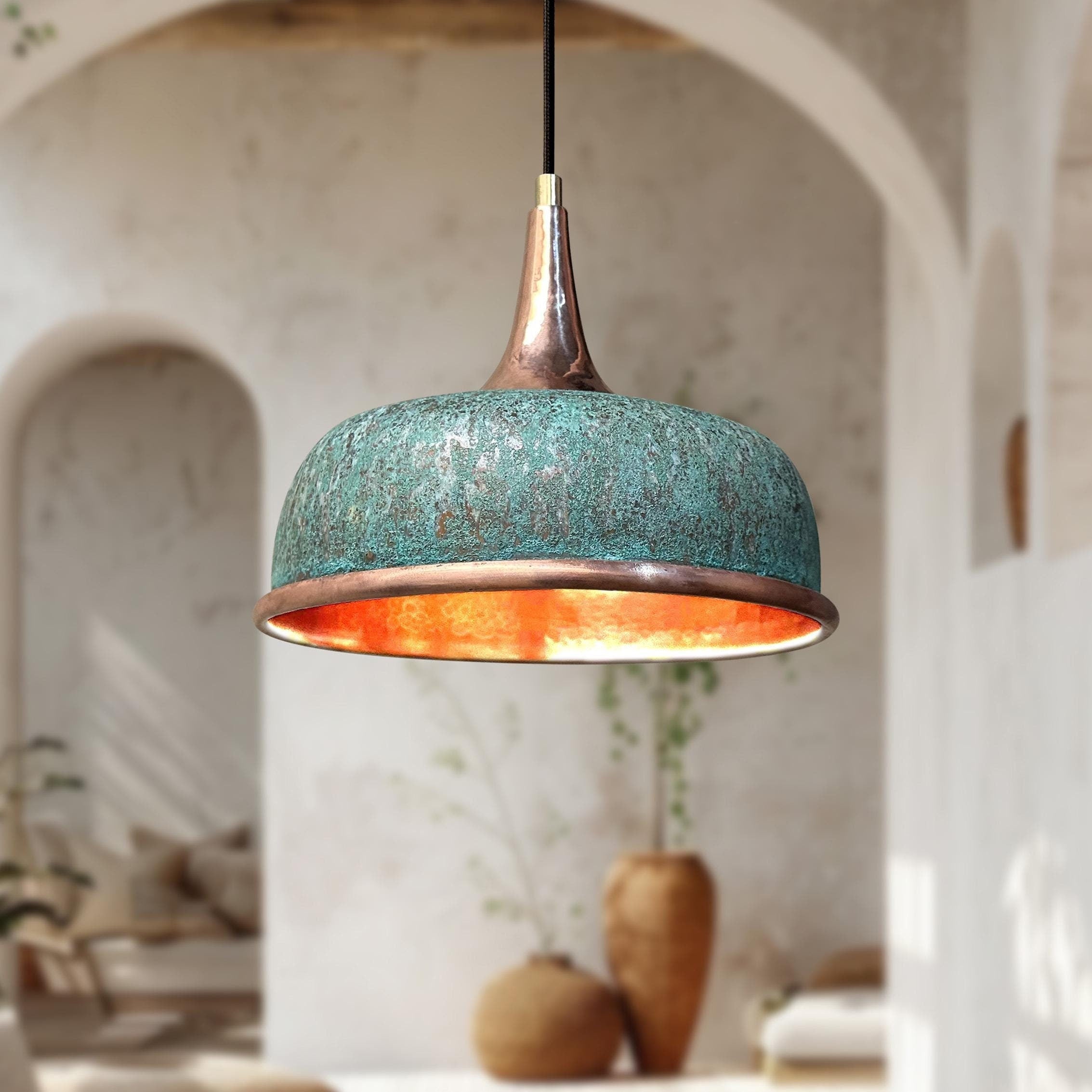 Green Patina Copper Pendant Light – Oxidized Hammered Verdigris Dome Fixture