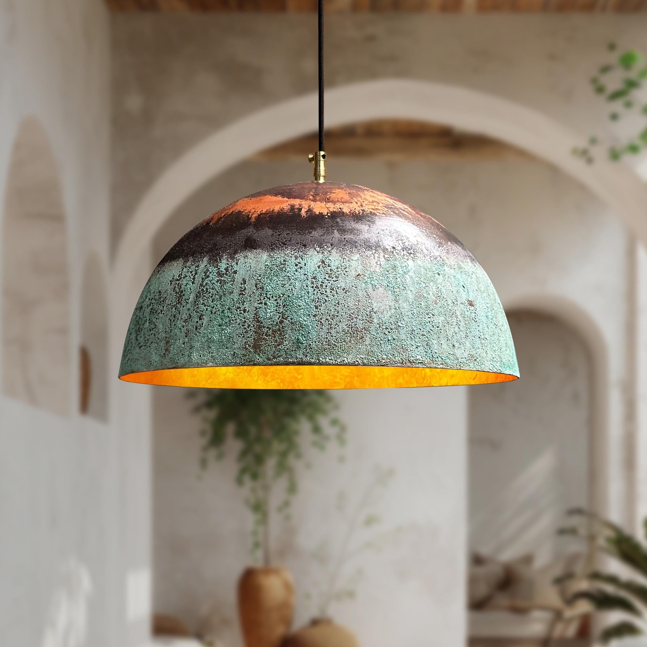 Green Patina Copper Pendant Light – Oxidized Round Rustic Farmhouse Kitchen Fixture