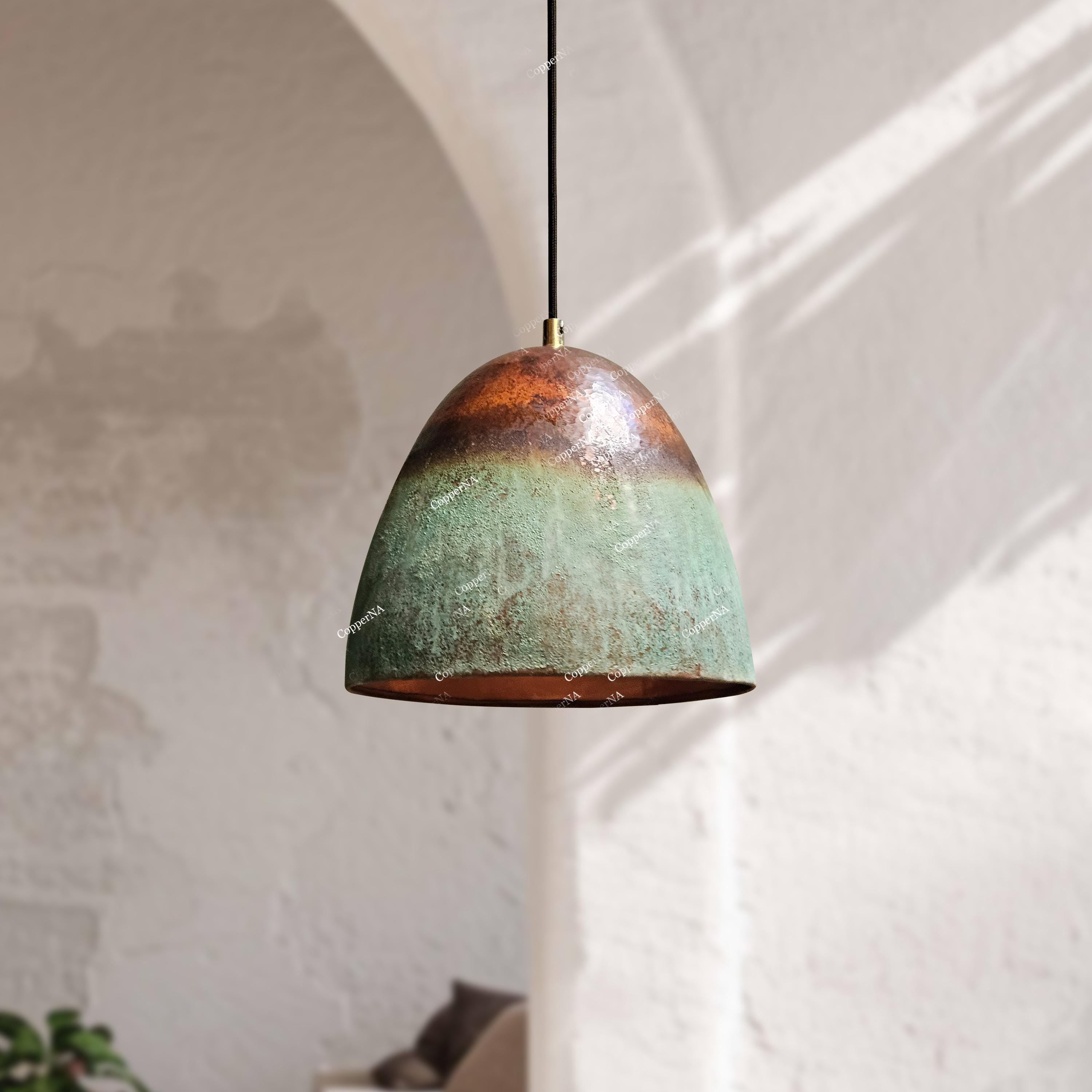 Green Patina Copper Pendant Light – Oxidized Handmade Kitchen Light Fixture