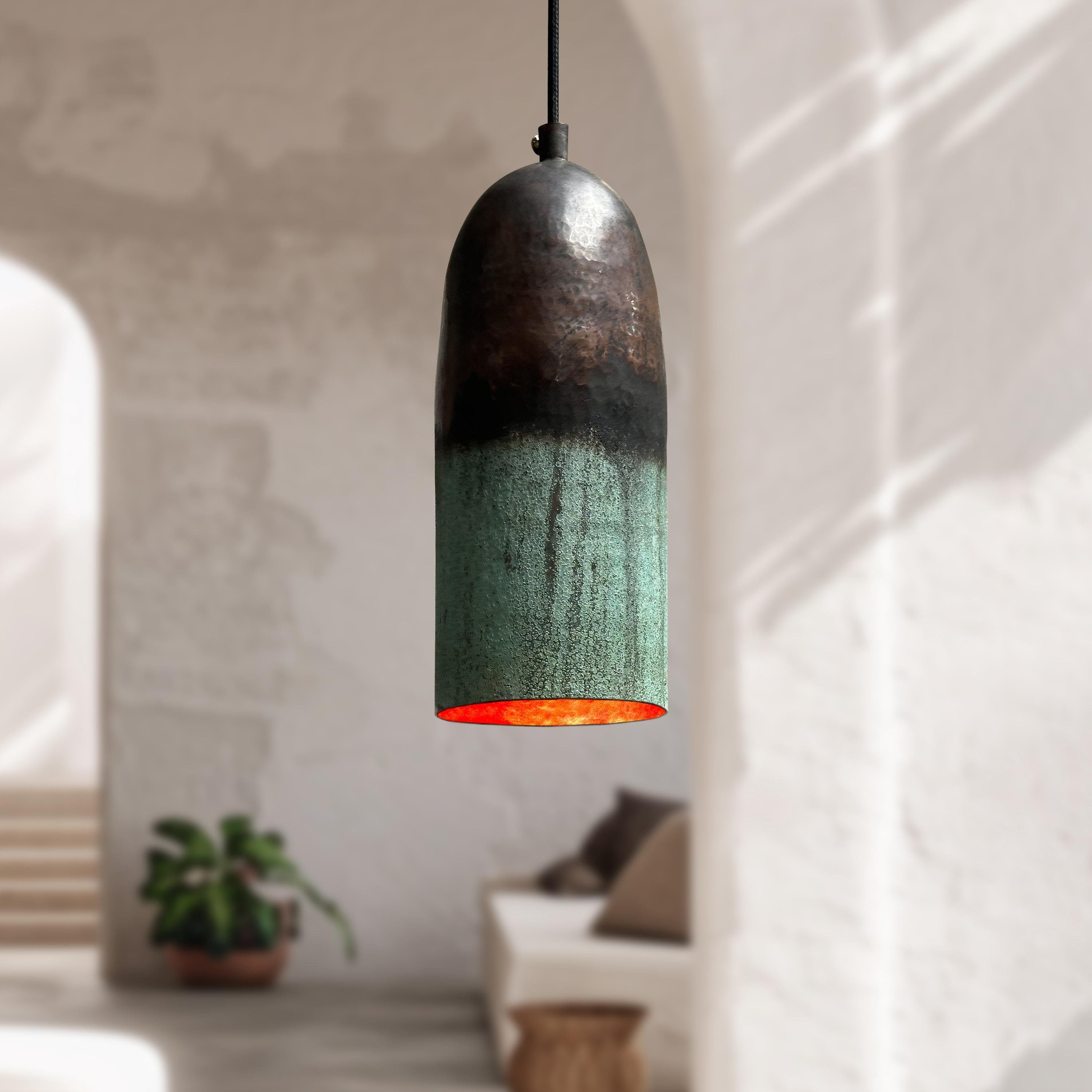 Handmade Oxidized Copper Pendant Light – Green Patina Farmhouse Ceiling Fixture