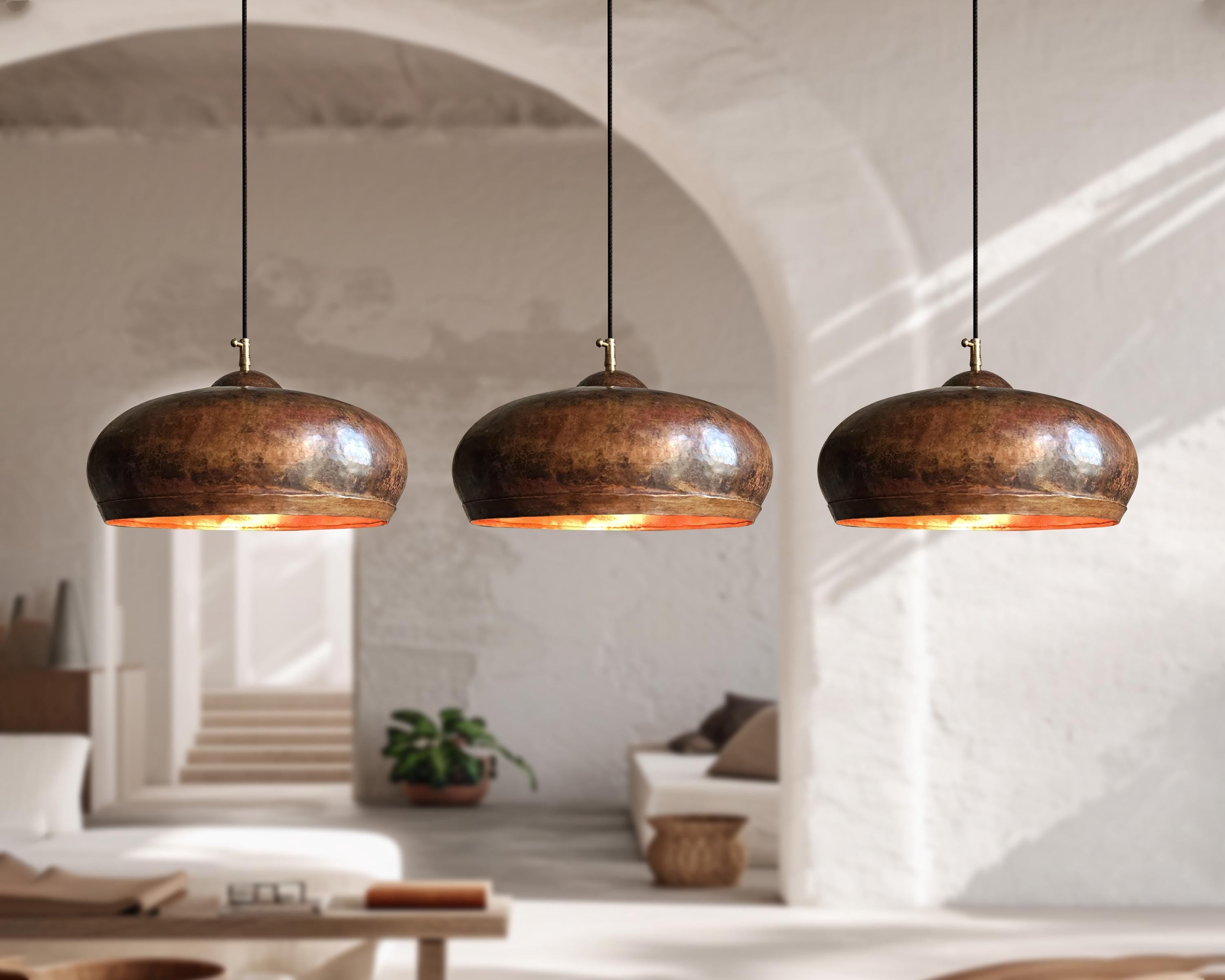 3 Rustic Copper Pendant Lights – Farmhouse Kitchen Island Ceiling Fixtures