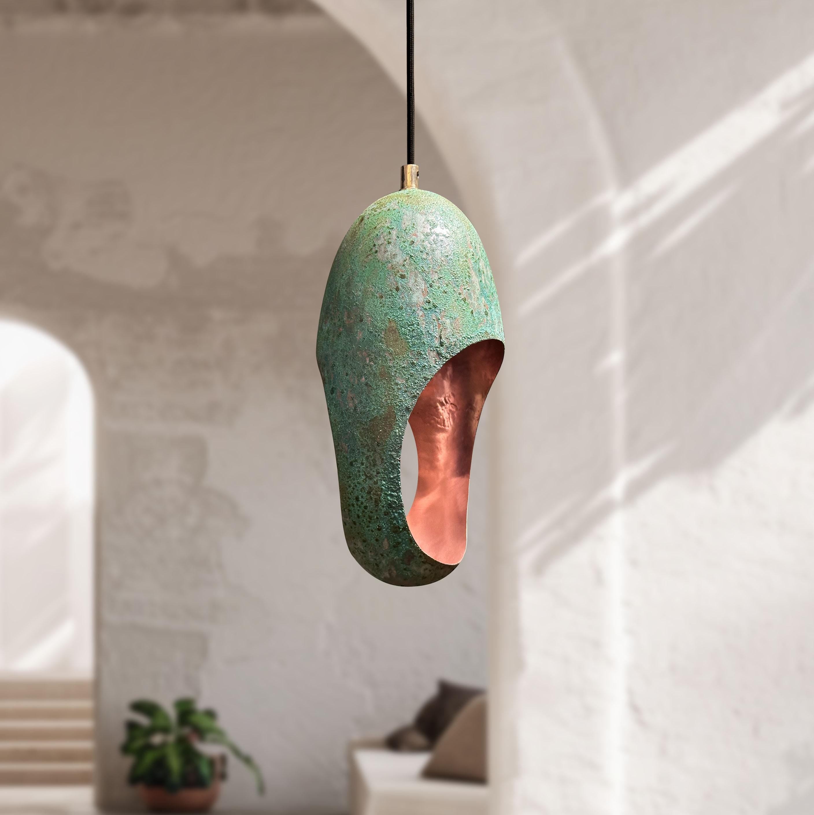 3 Green Patina Farmhouse Lights – Handcrafted Oval Copper Pendants