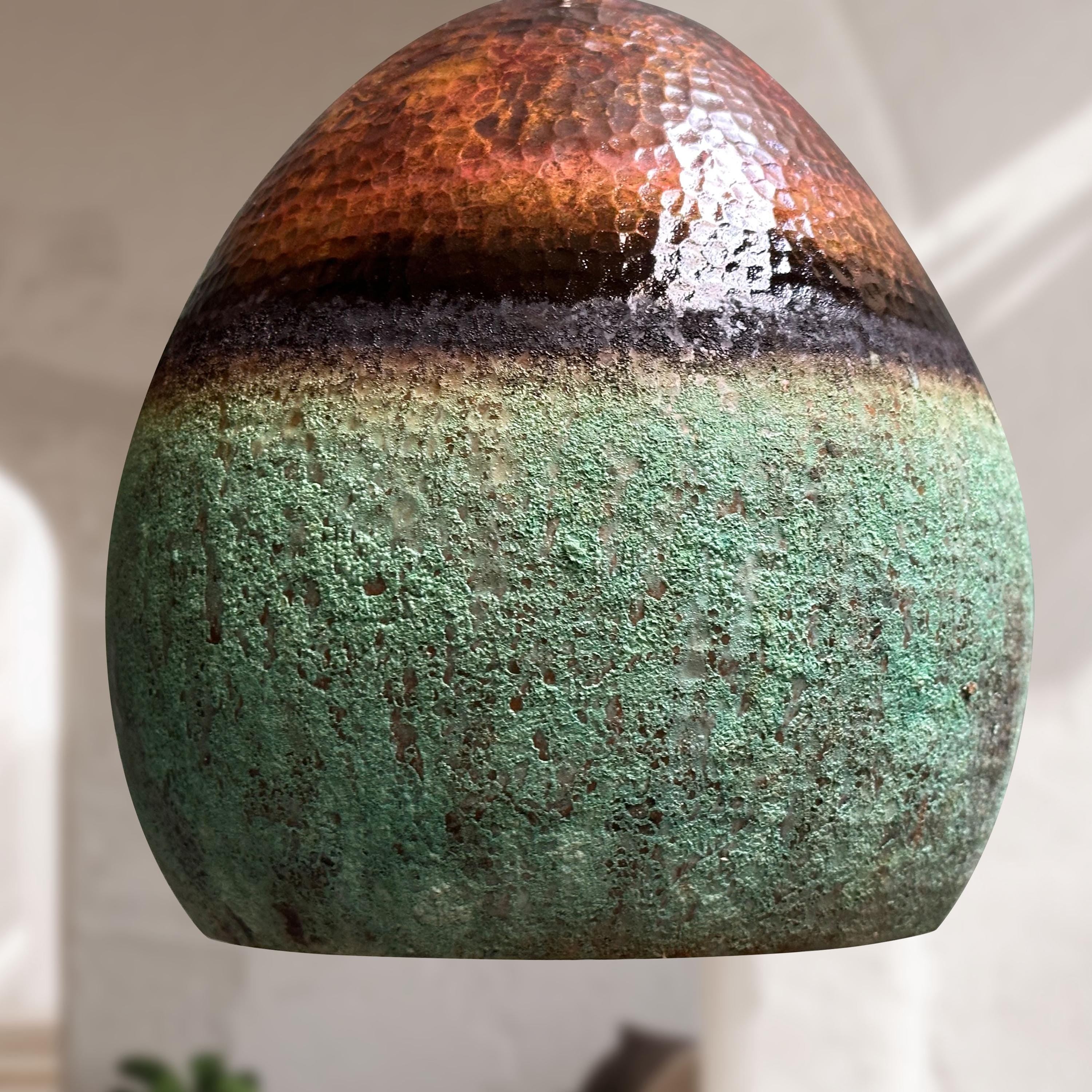 Handmade Oxidized Copper Pendant Light – Green Patina Vintage Farmhouse Kitchen Fixture