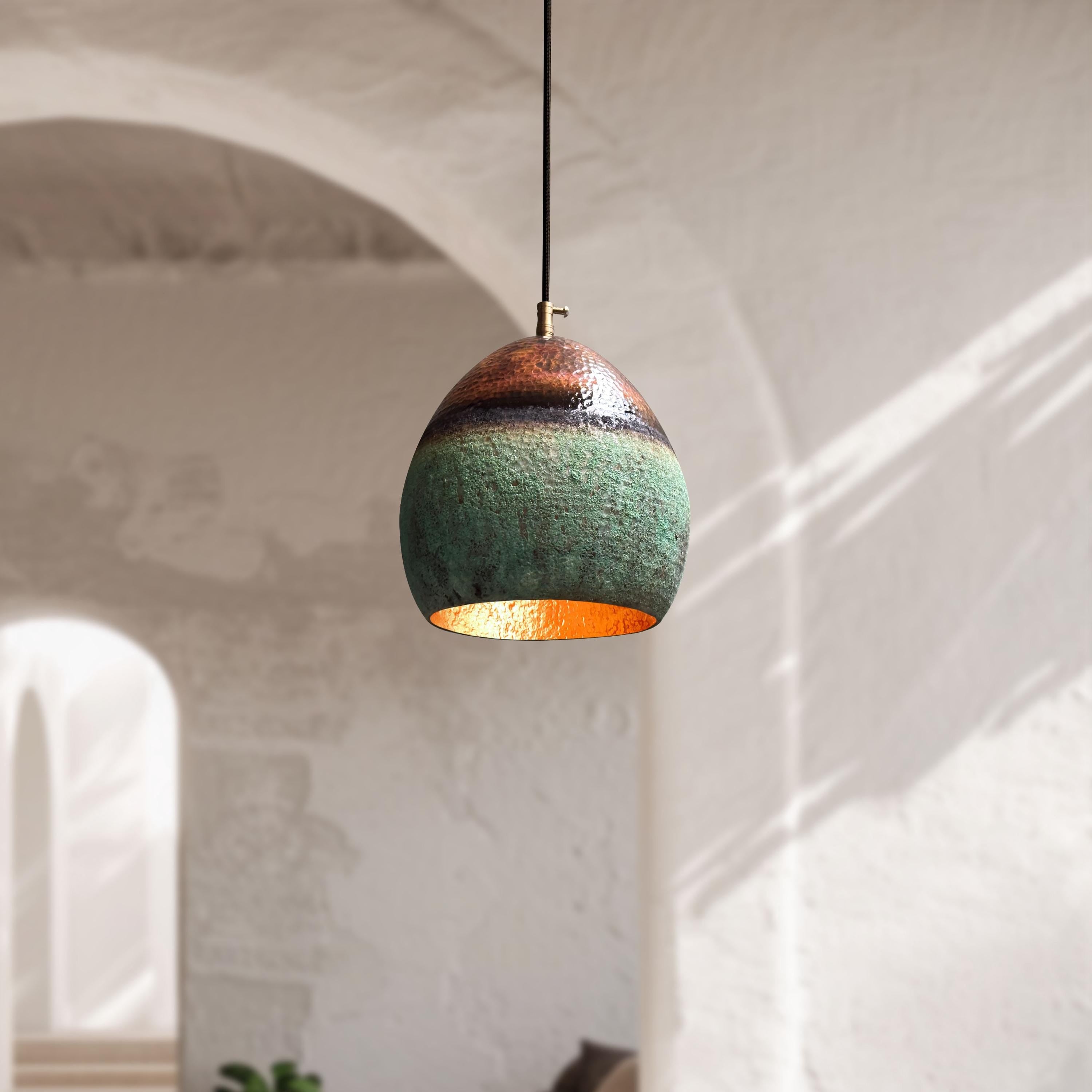 Handmade Oxidized Copper Pendant Light – Green Patina Vintage Farmhouse Kitchen Fixture