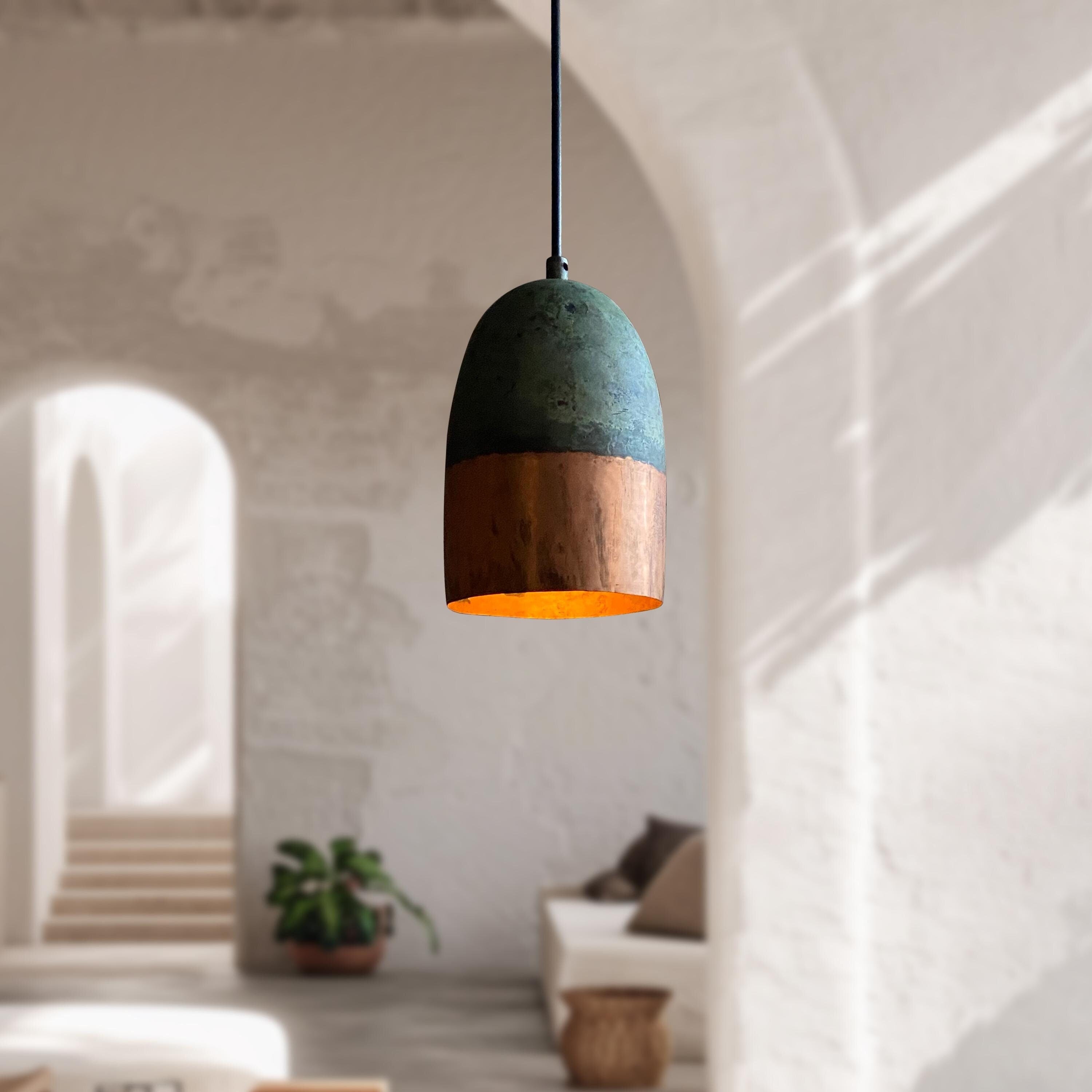 Oxidized Copper Pendant Light – Green Patina Farmhouse Ceiling Fixture