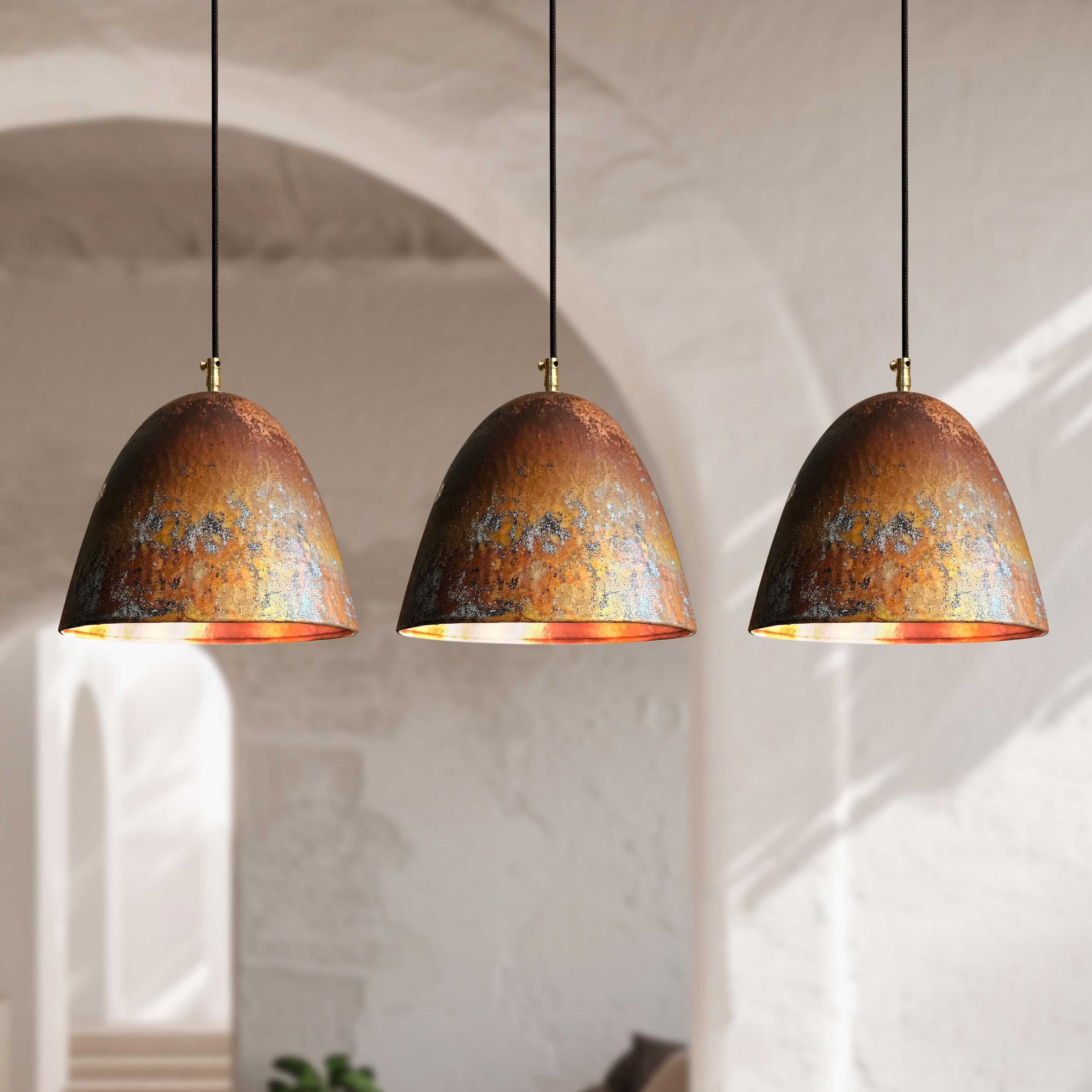 3 Oxidized Copper Pendant Lights – Rustic Farmhouse Ceiling Fixtures