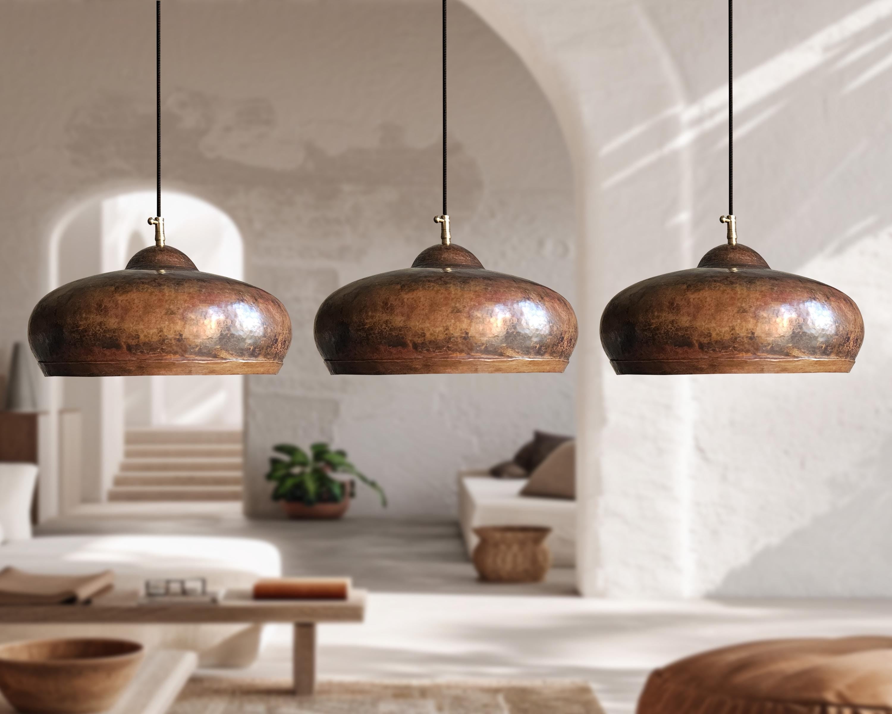 3 Rustic Copper Pendant Lights – Farmhouse Kitchen Island Ceiling Fixtures