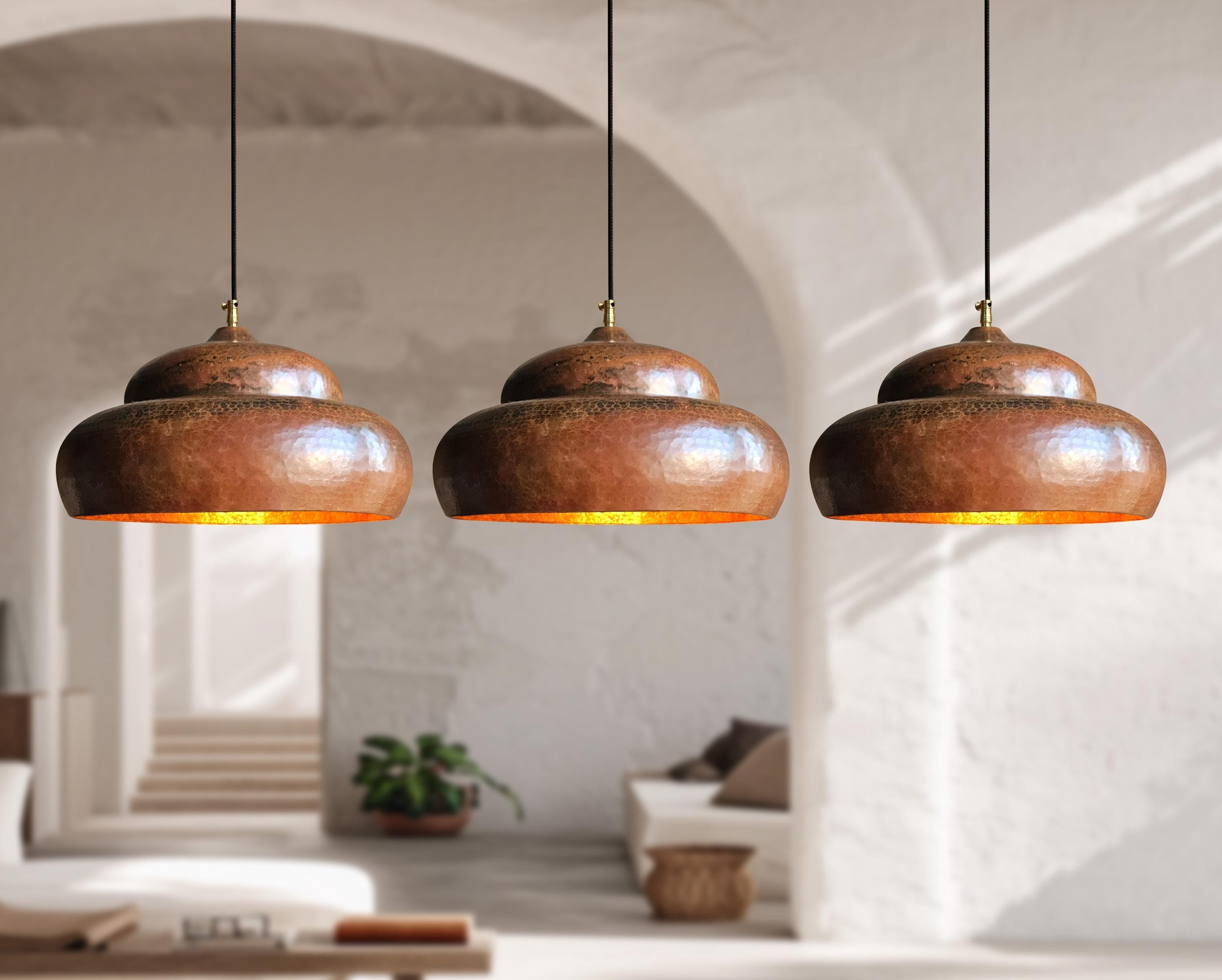 3 Copper Pendant Lights – Oxidized Kitchen Island Hanging Fixtures