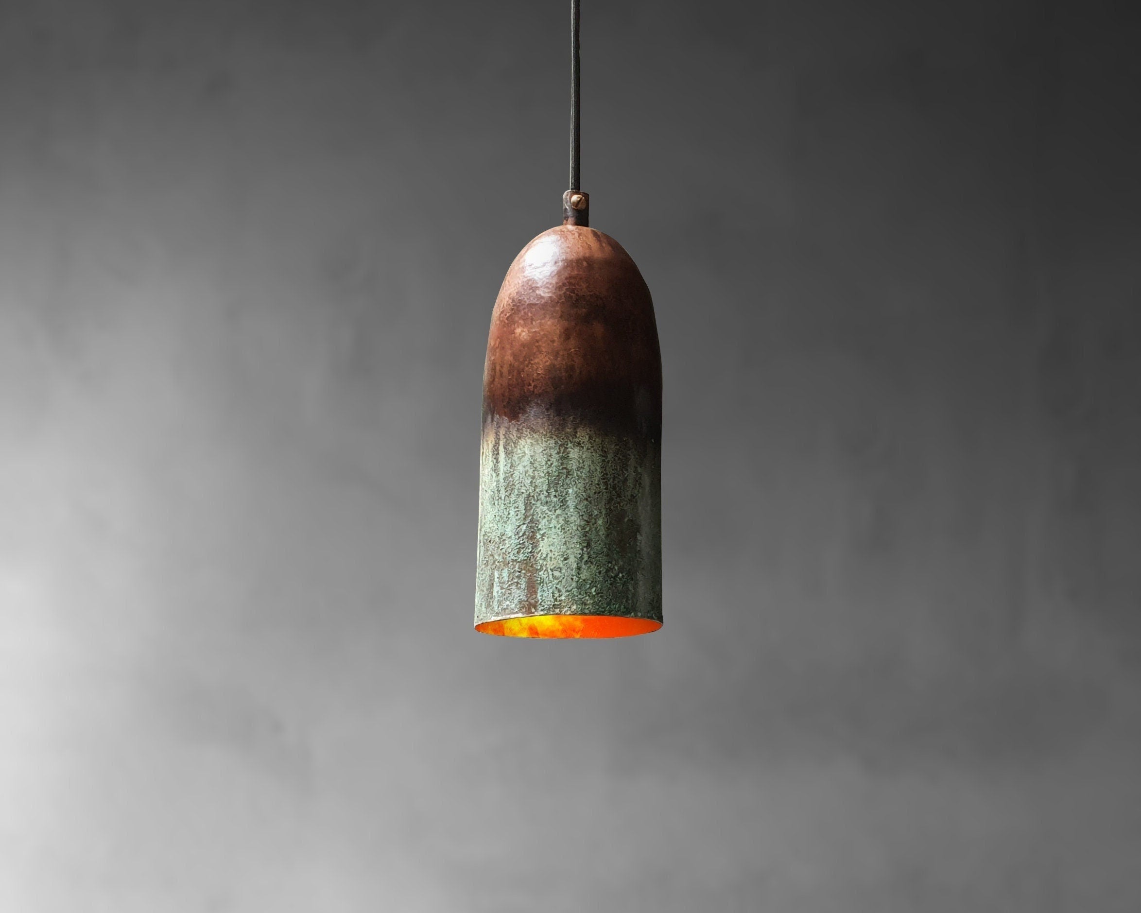 Green Patina Farmhouse Light – Oxidized Long Copper Pendant Lamp