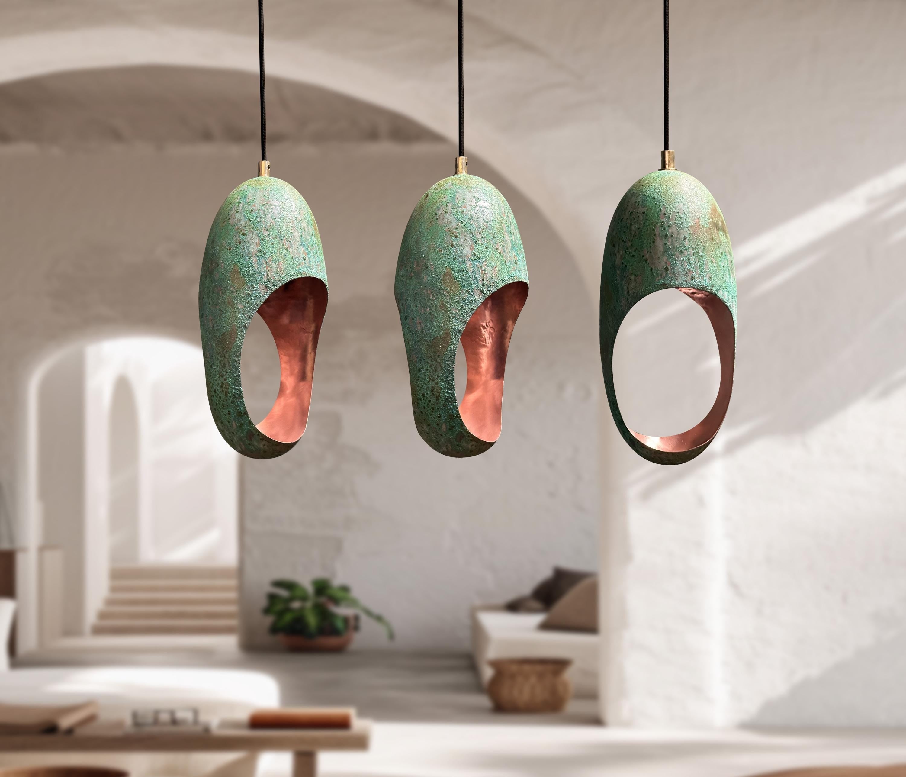 3 Green Patina Farmhouse Lights – Handcrafted Oval Copper Pendants