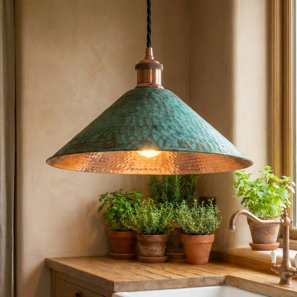 Oxidized Copper Dome Light, Handcrafted Farmhouse Kitchen Decor, Green Patina Island Kitchen Ceiling Light