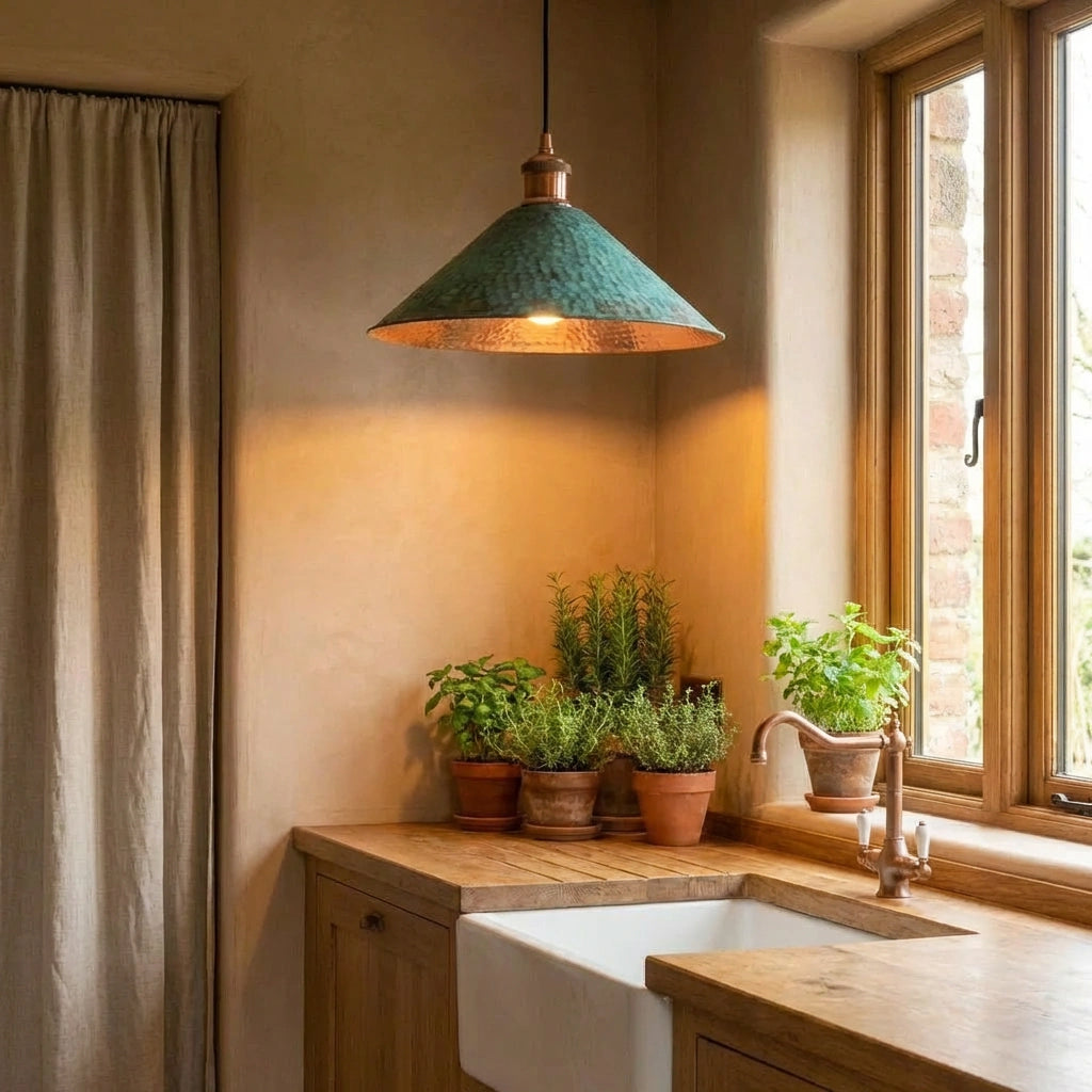 Oxidized Copper Dome Light, Handcrafted Farmhouse Kitchen Decor, Green Patina Island Kitchen Ceiling Light